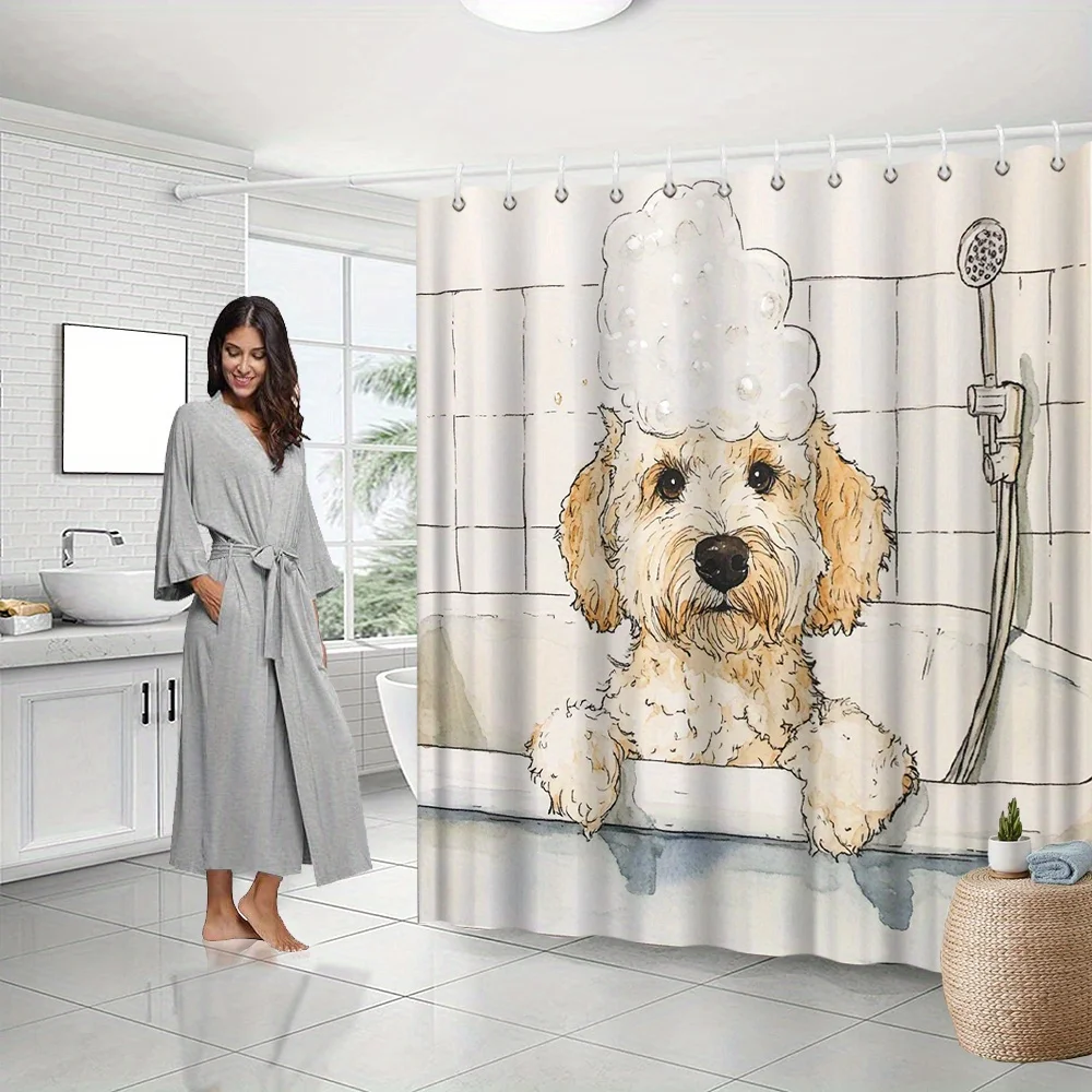 

Занавеска для душа Goldendoodle с акварельной иллюстрацией и фоном из пенопластовых плиток, принт, устойчивый к выцветанию полиэстер, 12 крючков