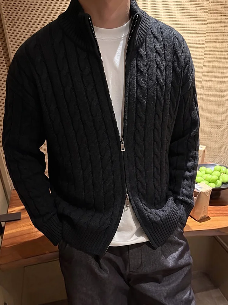 Herbst Herren Jacquard-Pullover Einfarbig Slim Fit Gemütlicher Pullover Lässige Mode Streetwear Warmer Strick-Cardigan mit Reißverschluss – Detail 6