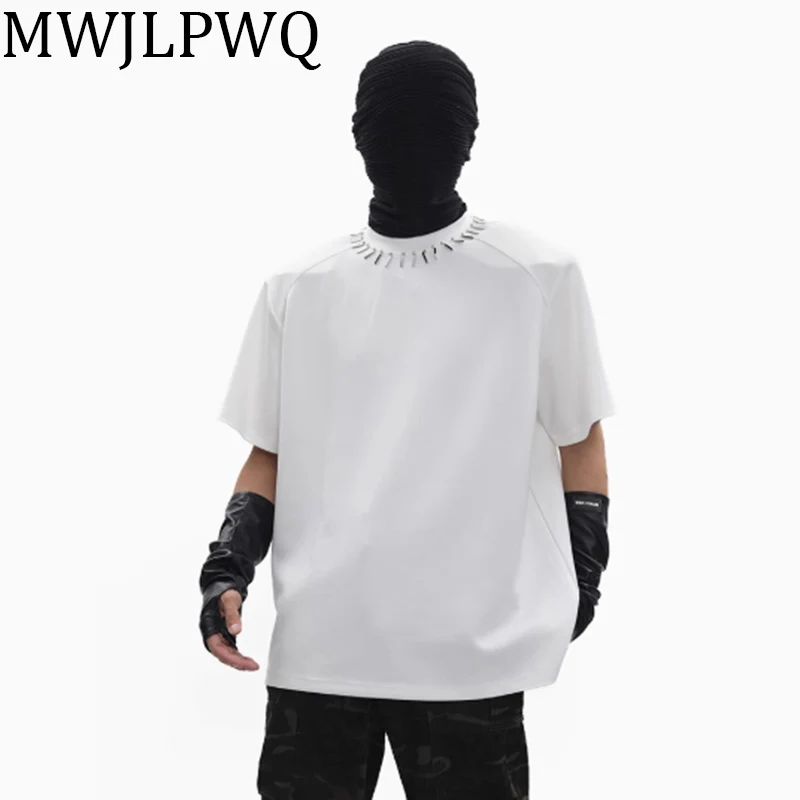 

MWJL[PWQ Male Metal Collar T-shirts High Street Short Sleeve Solid Color Niche Design Men Casual Loose Tops Summer Tide 010829