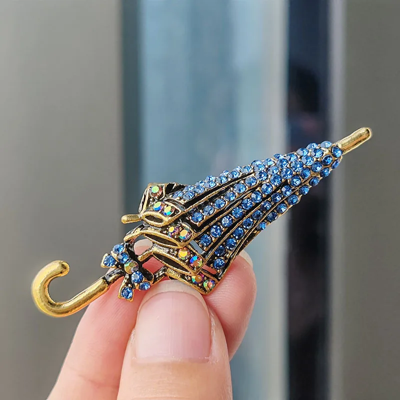 Creative Exquisite Rhinestone Cartoon Umbrella Brooches For Women Men Elegant Clothing Suit Coat Pins Accessories Party Jewelry