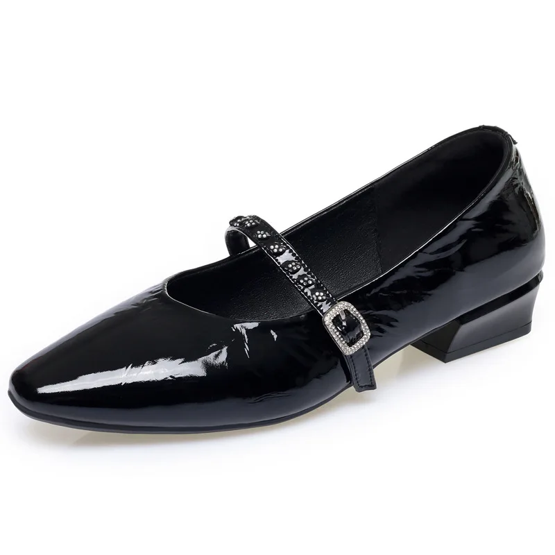 New Fashion Shallow Rhinestone Buckle Mary Janes Flats Women Shoes 2026 Spring Fall Genuine Leather Shoes for Mother Work Office