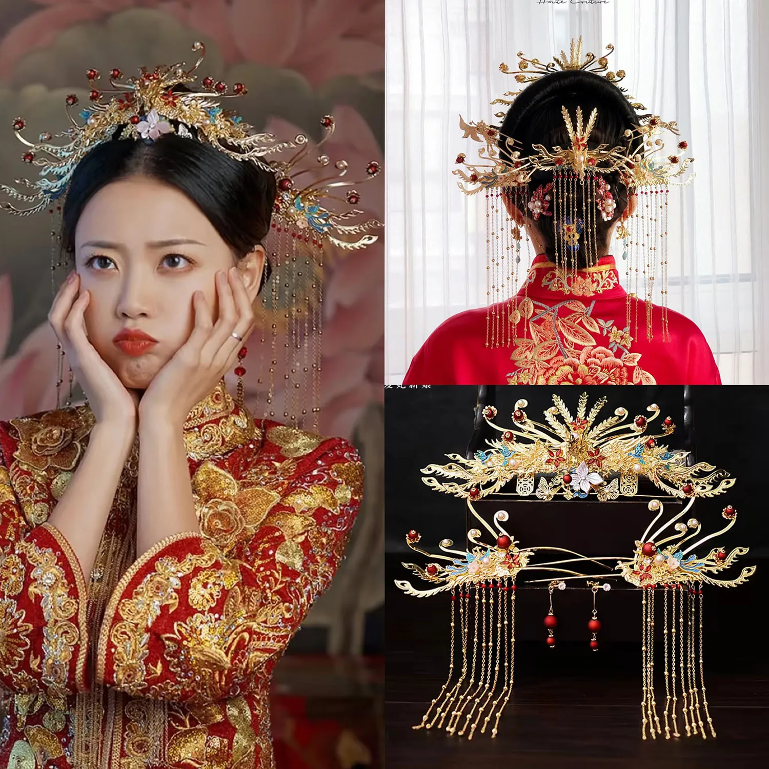 Bridal Xiuhe Headwear Chinese Vintage Tassel Phoenix Hair Crown Grand Ancient Costume Wedding Hair Accessory for Women