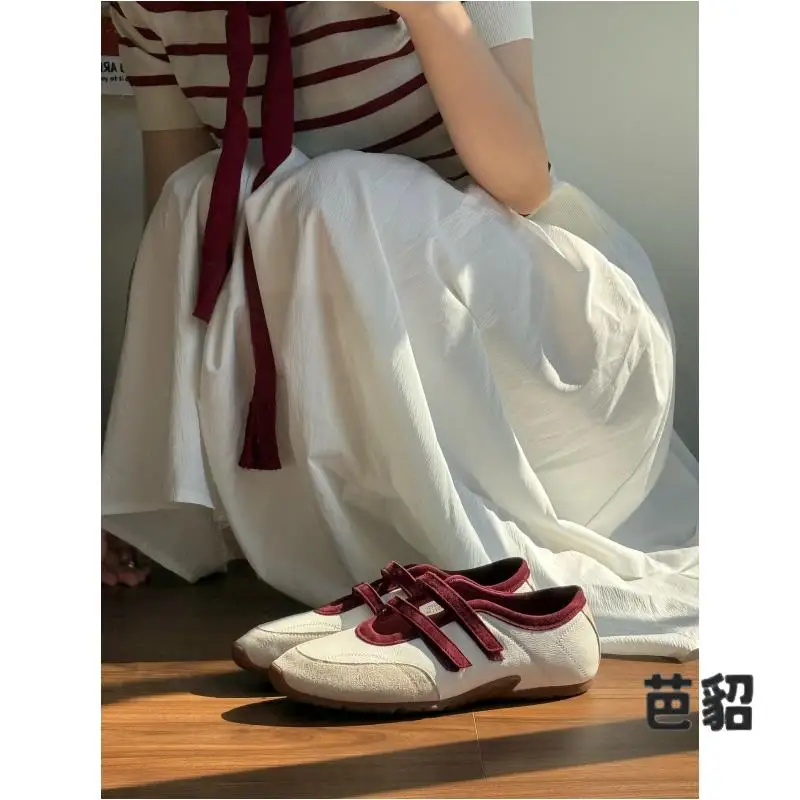 retro-patchwork-color-simple-style-magic-tape-ballet-mary-jane-shoes-women's-new-flat-mouth-casual-bag-shoes-de-xin-shoes