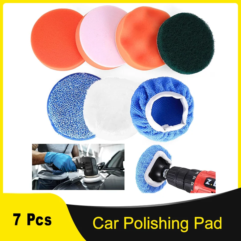 5Inch 125MM Buffing Polishing Pads Kit 7Pcs with Wool Buffing Pad Scouring Pad for Car Buffer Polisher Washing Cleaning Waxing
