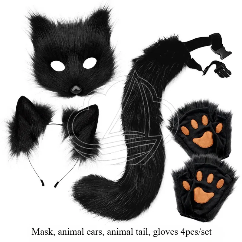 Halloween Plush Fox Costume Set, Fox Ears Headband Tail Animal Claws Simulated Cosplay Accessories