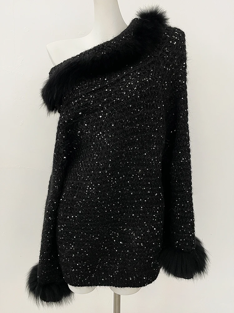 جديد ربيع الخريف الشتاء ضوء الملابس النسائية واحدة طول الكتف البلوفرات الحياكة معطف المرأة ريال فوكس الفراء محبوك سترة