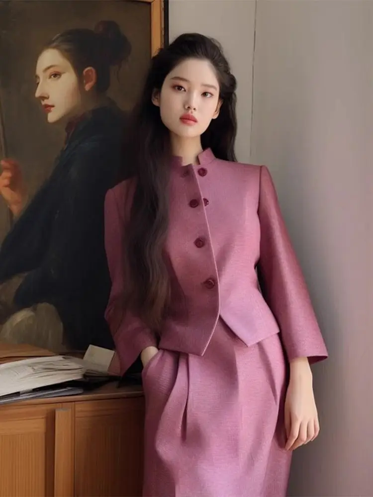 Conjunto de traje de primavera de tweed rojo para mujer, chaqueta elegante de inspiración oriental, falda, traje elegante y modesto 2025 ​