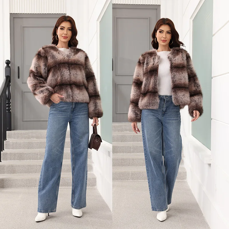 Autumn and Winter New Fur Jacket Women's Wide Vertical Striped Imitation Fox Fur Round Neck Short Imitation Fur