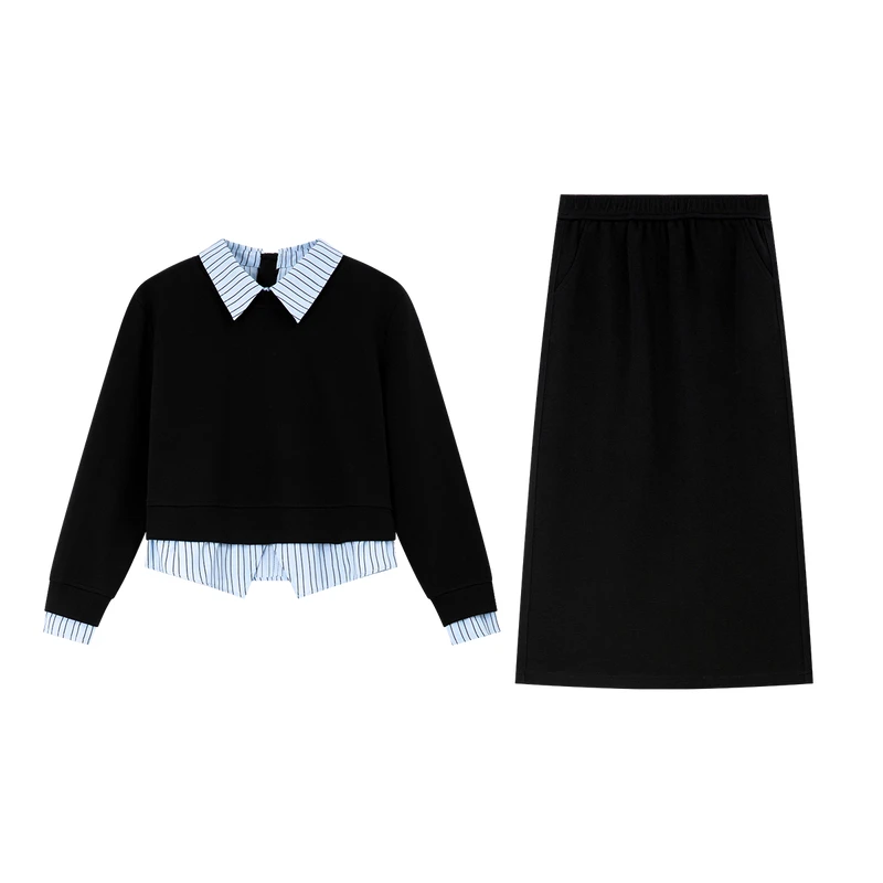 VIMLY Dames Casual Rok Set 2025 Herfst Nieuwe Mode Contrast Kraag Gebreide Trui Tops Eenvoudige Rechte Lange Rokken 73576