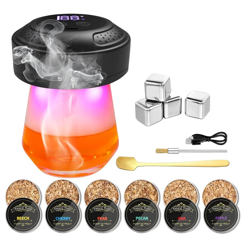 

AT43-CHERRYQUEEN Old Fashioned Smoker Kit Built-In Lighter & Ambient Light Gifts For Men Dad Husband Whiskey Lovers
