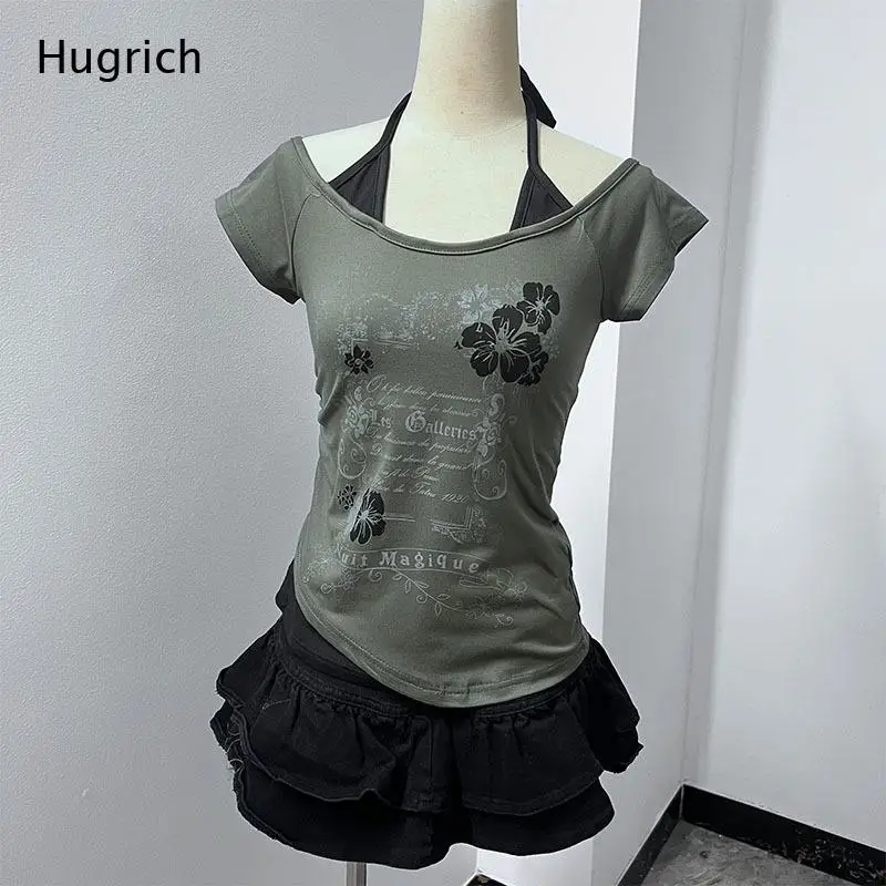 Women's Vintage Y2K Style Floral Print Short Sleeve Top with Halter Neck Detail and Layered Ruffle Hem Slim Fit Casual Summer