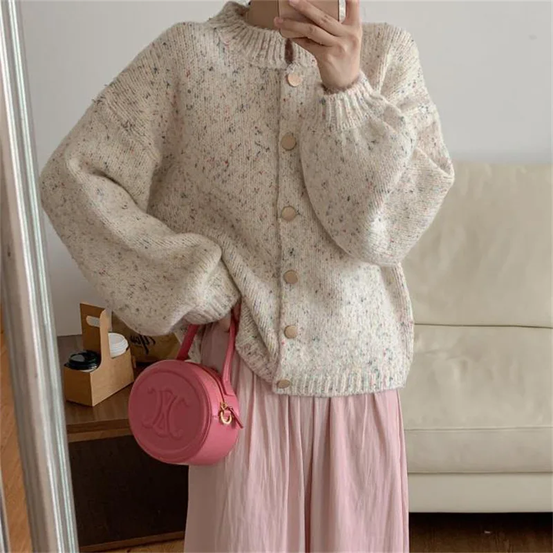 Atmosphere Color Dot Knitted Cardigan Women's 2024 Autumn New Loose Lazy Style Korean Chic Sweater Jacket