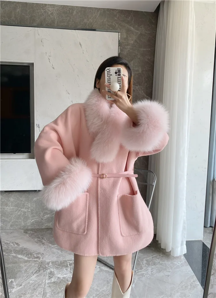 

2023 Winter Coats Cashmere Sheep Wool Blends Real Natural Fox Fur Collar Cuff Belt Slim Female Autumn Shawl Cape Outerwear