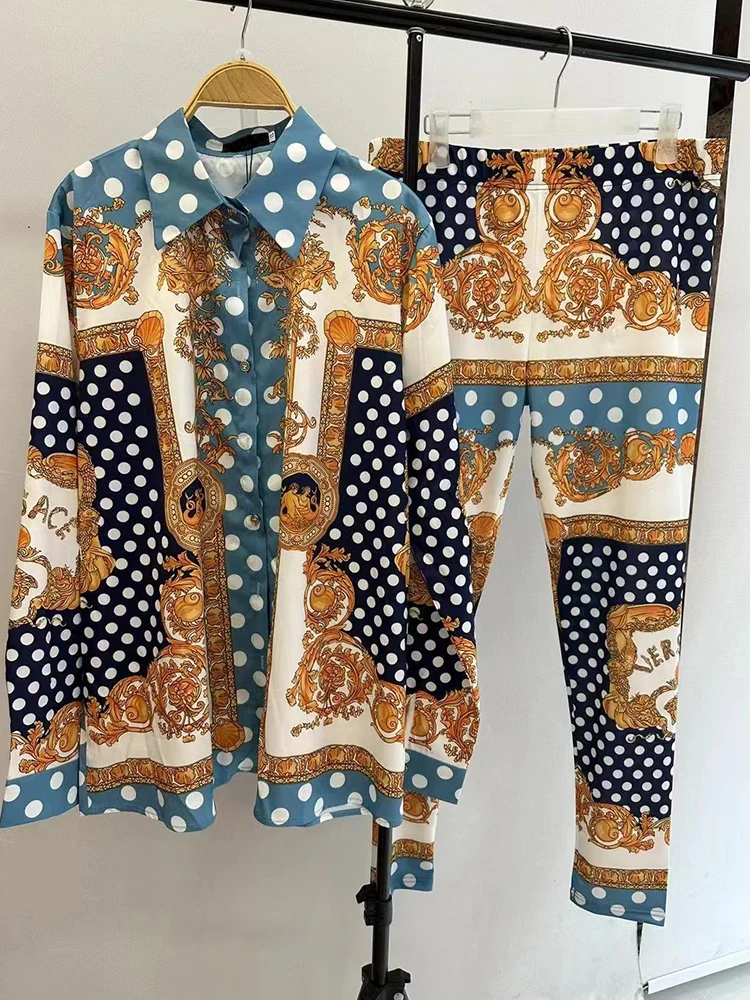 Design retro geometric print loose shirt two-piece set 2024 ladies fall new + high waist knitted elastic tight pants fashion set