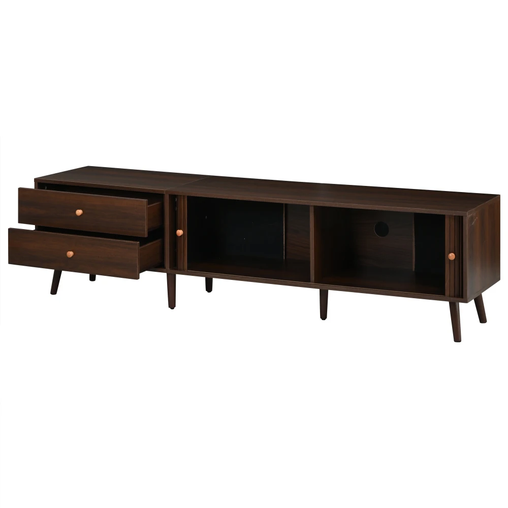 180x40x46,5cm TV-Schrank in Walnussholz-Optik, Fernsehständer mit 2 Schubladen, 2 Rolltüren und 7 Ständern, für Fernseher bis zu 80 Zoll – Detail 15