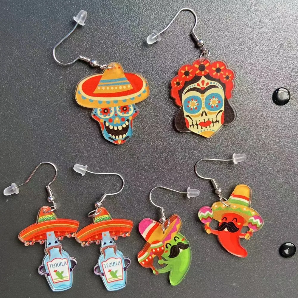 Mexican Carnival Theme Party Earrings Cinco de Mayo Cactus Acrylic Earring Rainbow Chili Pendant Earrings Women Jewelry Gift