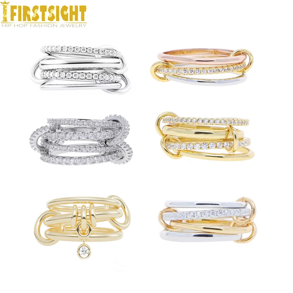 2025 新アイスアウトマルチカラーリンクチェーン接続バンド指リングツートンカラーゴールドカラージルコンリング女性のファッションジュエリー