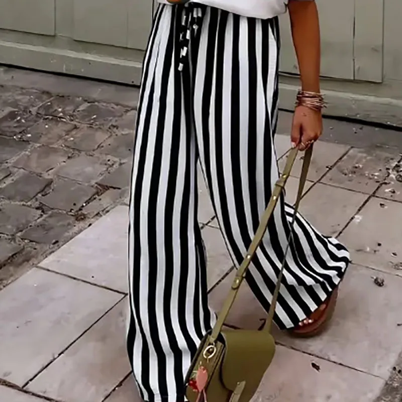 Fashion Contrast Striped Print Loose Women's Pants Spring High Waist Tie-up Wide Leg Trousers Summer Streetwear Bottoms Harajuku