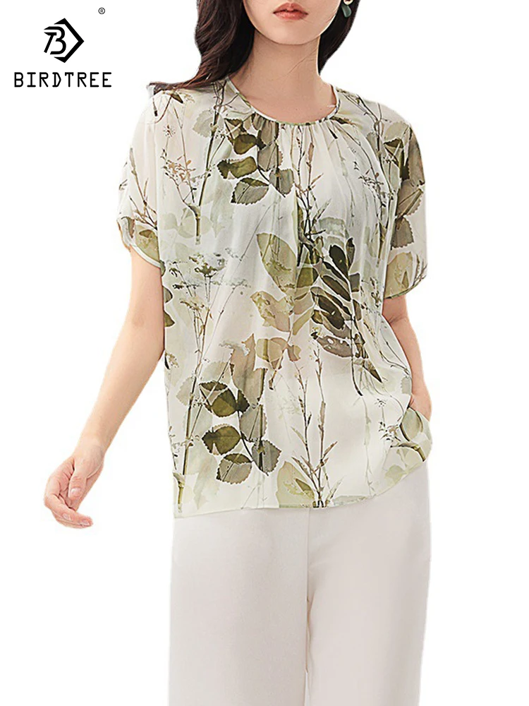 

Birdtree 100%Real Silk Printed Vacation Pullover T-shirt Women Short Sleeve Loose Round Neck Commuter Long Top Spring T3D644QC