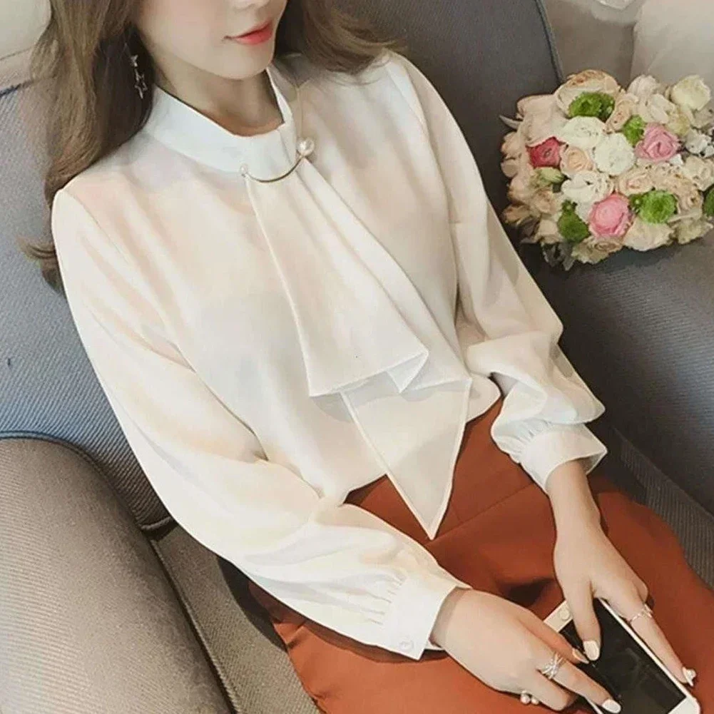 

Blue Elegant Bow Tie Shirt Fashionable Brooch Bow Tie Shirt Casual Women's Shirt Vacation Suitable Style Regular Clothing Length