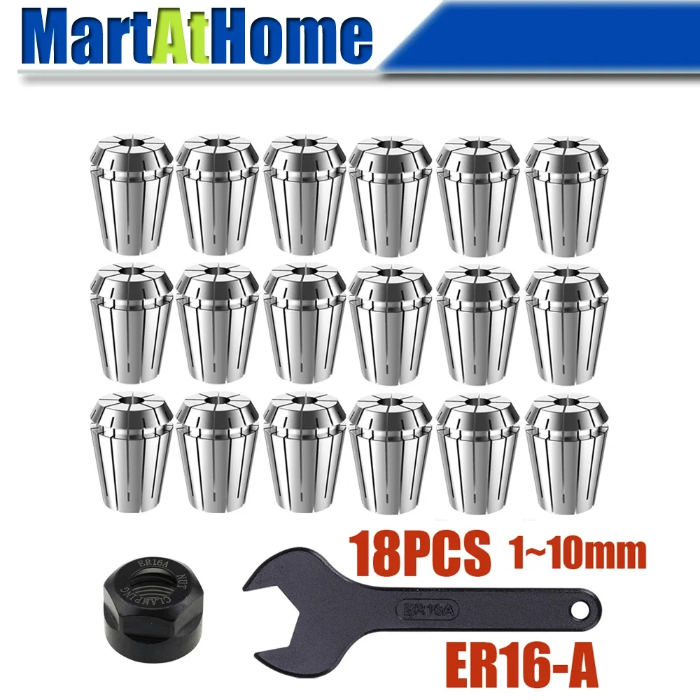 18pcs 10pcs High Precision ER16 Collet Chuck Set with Clamp & Wrench for CNC, Spindle, Tapping, Tapping