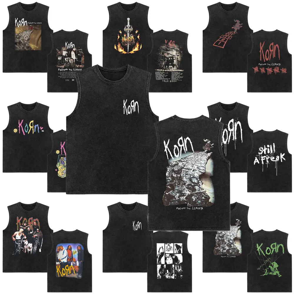 Rock Band Korn Follow The Leader Tour 2014 Vintage Washed Tank Tops Men Women Retro Gothic Metal Sleeveless Vest Casual T-shirt