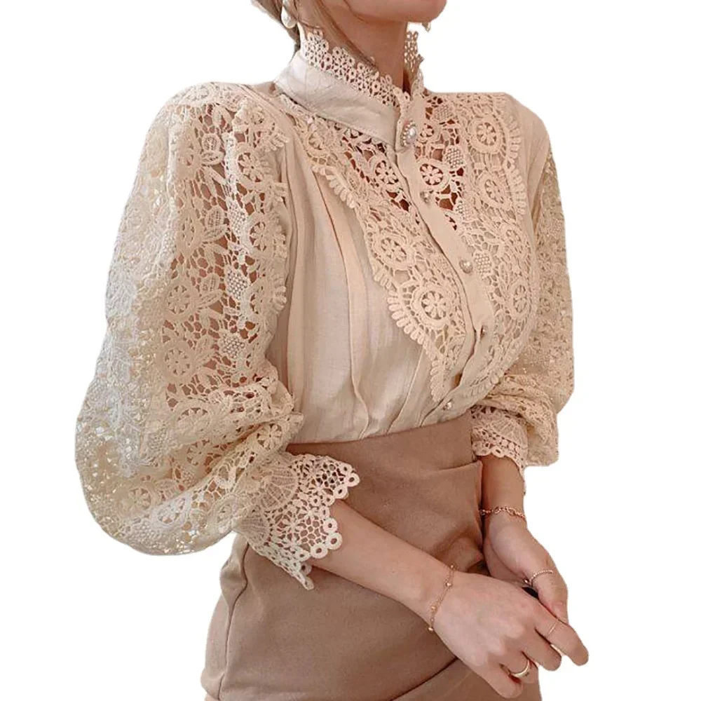 

Long Sleeve Lace Blouse Summer 2024 Korea Women Sexy Hollow Out Flower White Lace Basic Shirt Top Elegant Office Work Blouse