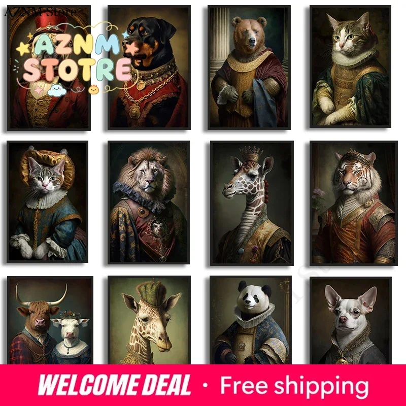 Renaissance European Aristocrat  Giraffe Tiger Highland Cow Cat Tiger Dog Poster Print Canvas Painting Wall Art Room Home Dec