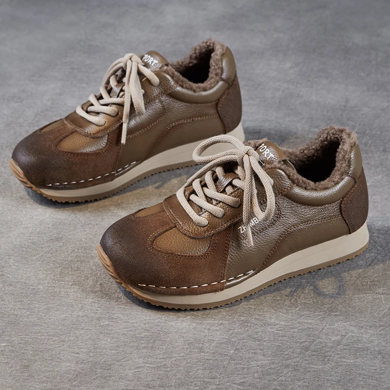 Women's Casual Cotton Shoes Warm Fleece Lined Top Layer Cowhide Deoxynucleotide Running Shoes Comfortable Breathable