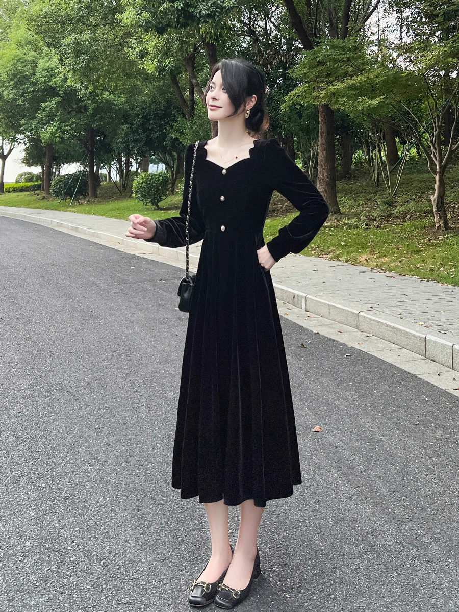 

Изысканное бархатное платье с длинными рукавами в стиле Хепберн, корейский дизайн, с завышенной талией, весенняя мода, элегантное, для изысканных дам