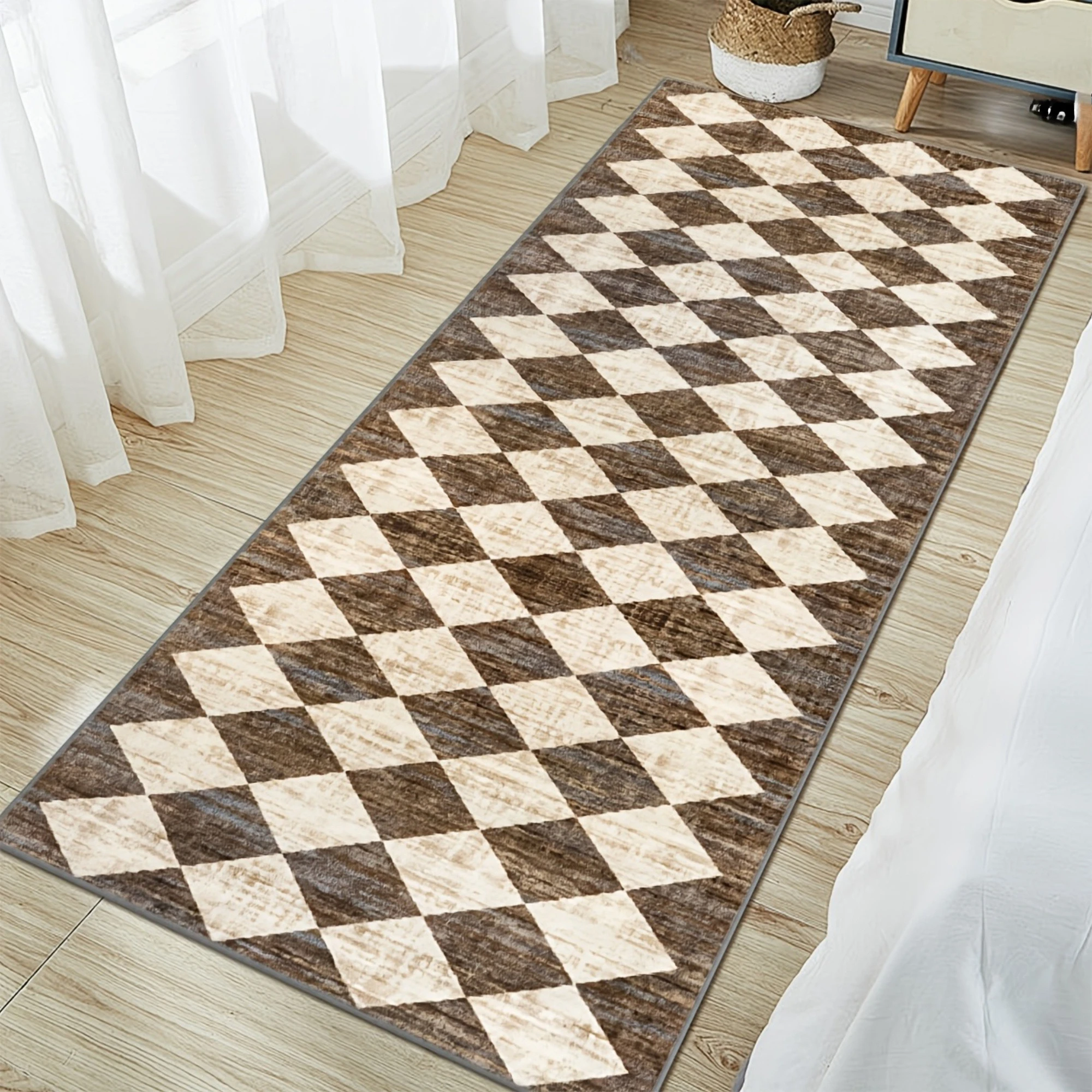 Retro Weathered Diamond Check Floor Runner Mat  Neutral Plaid Geometric Art Decor Rug for Indoor Household Corridor