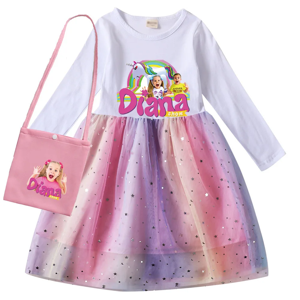 

Cute Diana and Roma Show Costume Kids Halloween Carnival Party Mesh Dress Baby Girls Long Sleeve Dresses with Small Bag Vestidos