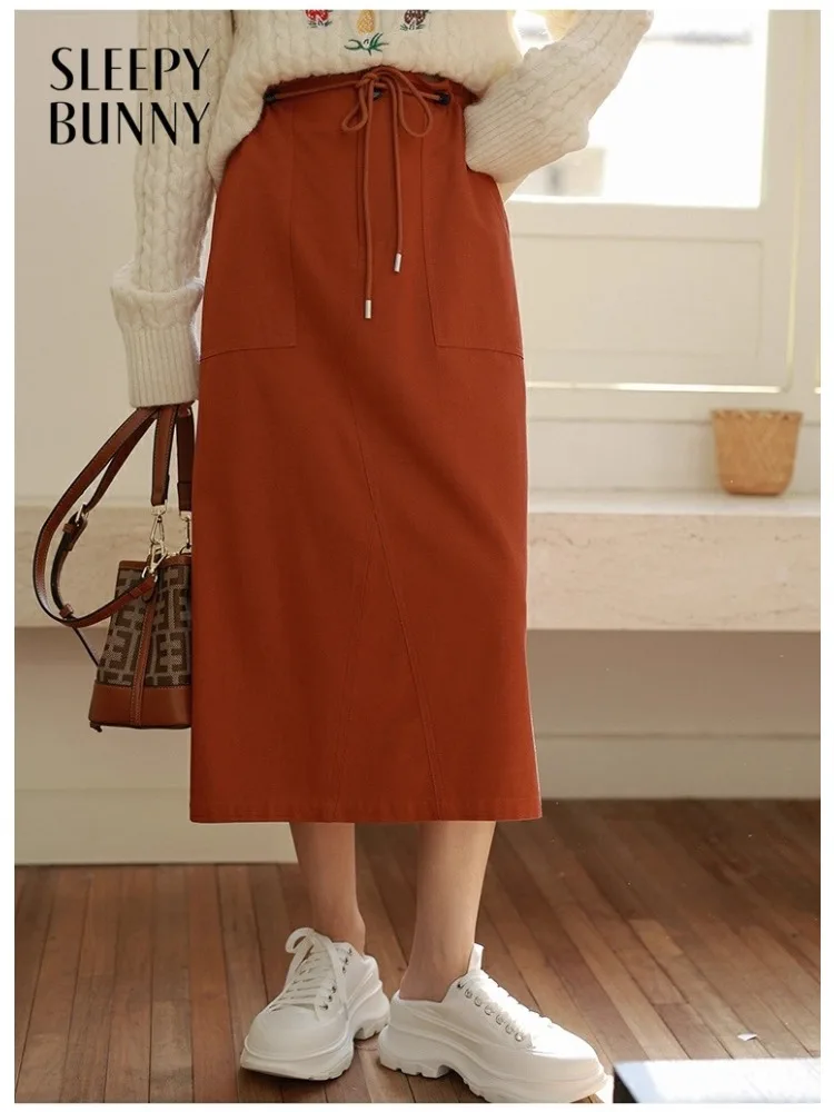 Casual Red Drawstring Midi Skirt for Women High Waist A-Line Skirt Autumn Loose Straight Fit Mid-Length Skirt for Daily Work