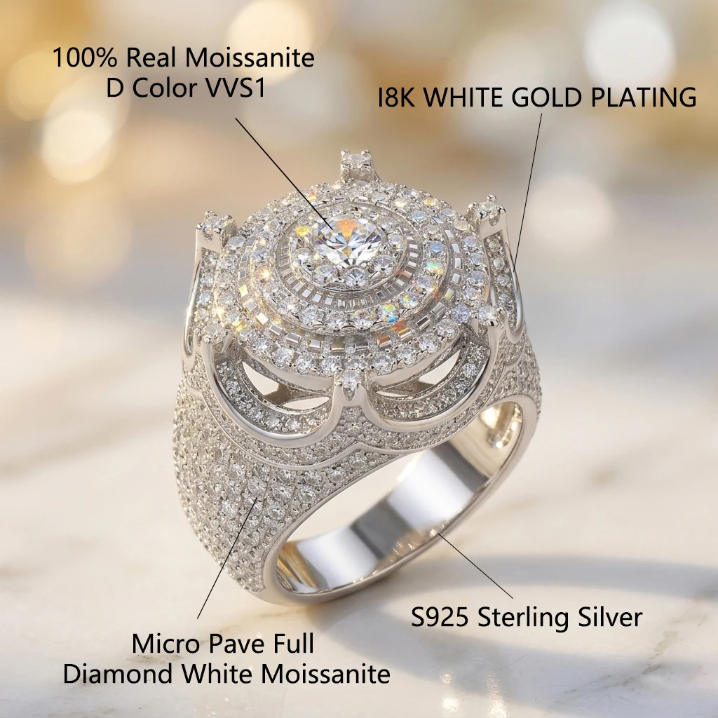 Crown Design Pave Moissanite Ring, D Color VVS1, 925 Sterling Silver, Heavy Band Unisex, Pass Diamond Tester