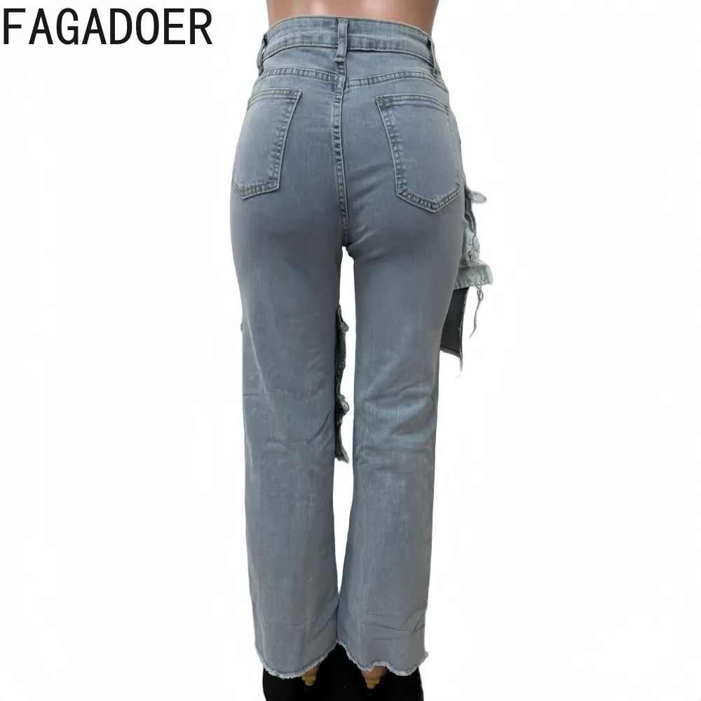 FAGADOER Vintage Fashion Denim Straight-leg Pants Women Solid Irregular Cargo Patchwork Jeans Female Streetwear Bottoms 2025 New