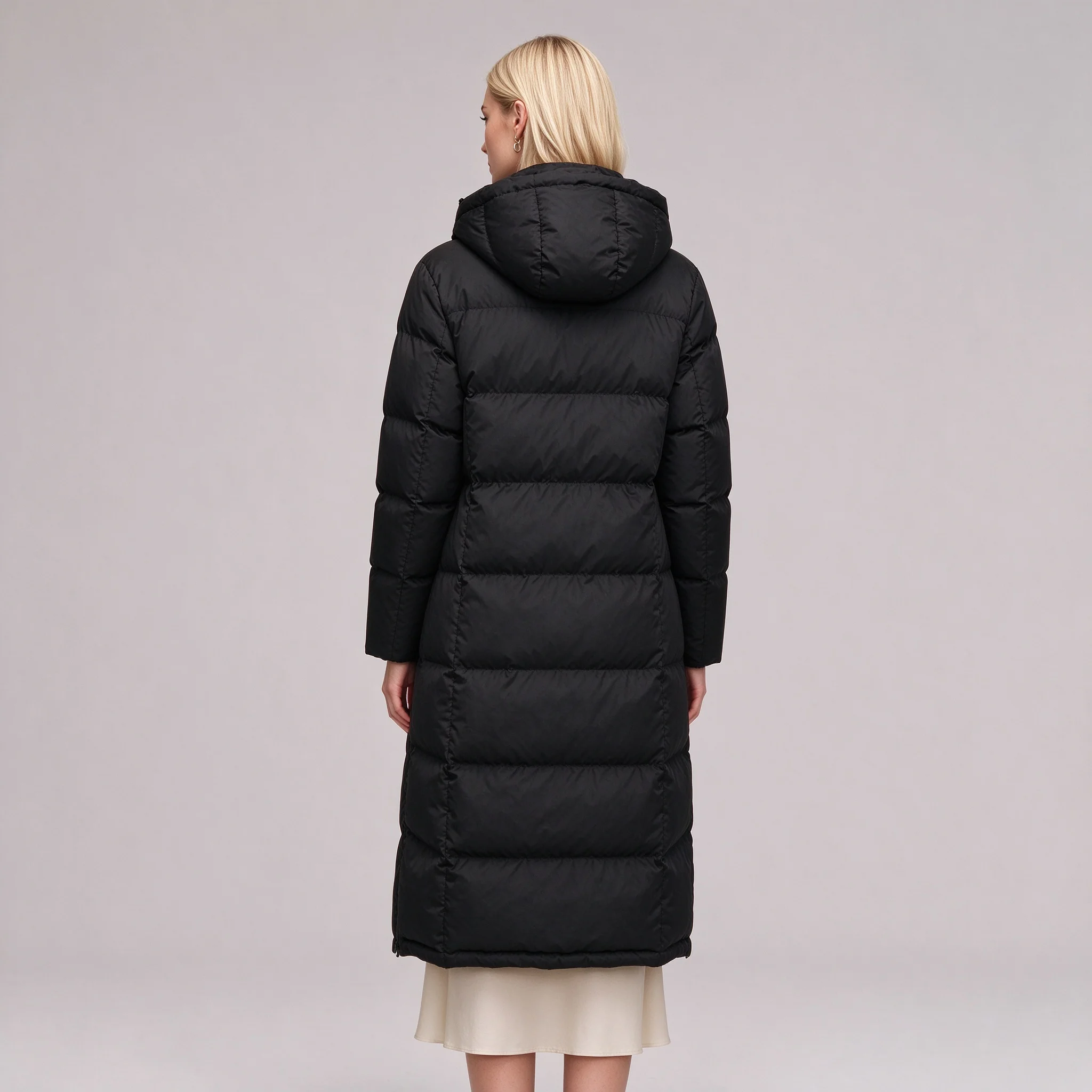 Women's Black Long Hooded Puffer Jacket Longline Water-Resistant Windproof Quilted Warm Winter Coat Insulated Mid-Calf Outerwear