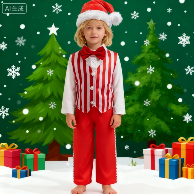 Kinder rot und weiß gestreifte Weste Langarmshirt Hose & Hut Outfit Jungen Weihnachten Cosplay Kostüm Anzüge