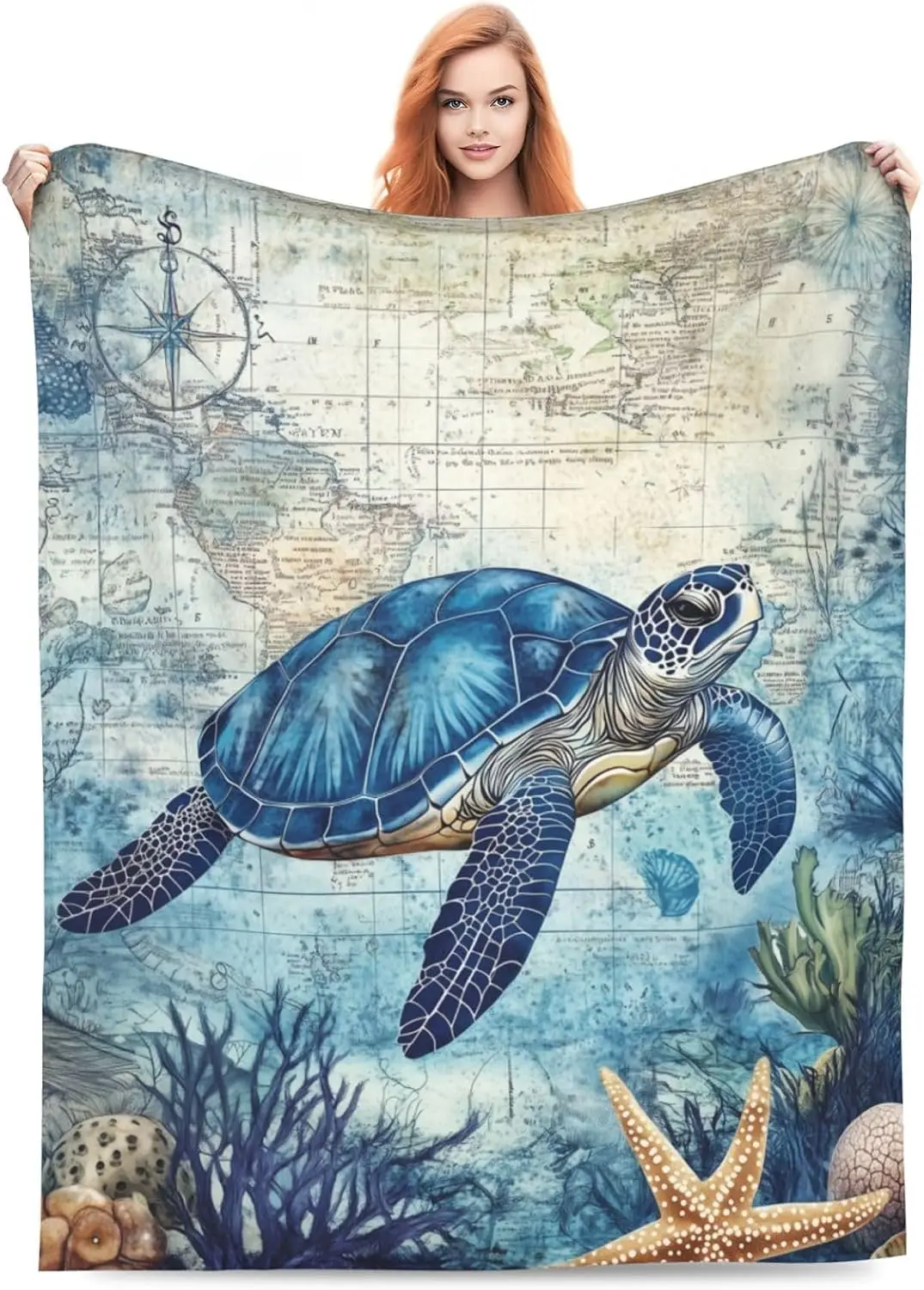 Retro Navigation Map Blue Turtle Undersea Coral Shell Art Flannel Blanket Soft Warm Throw Couch Travel Seaside Ocean Home Decor
