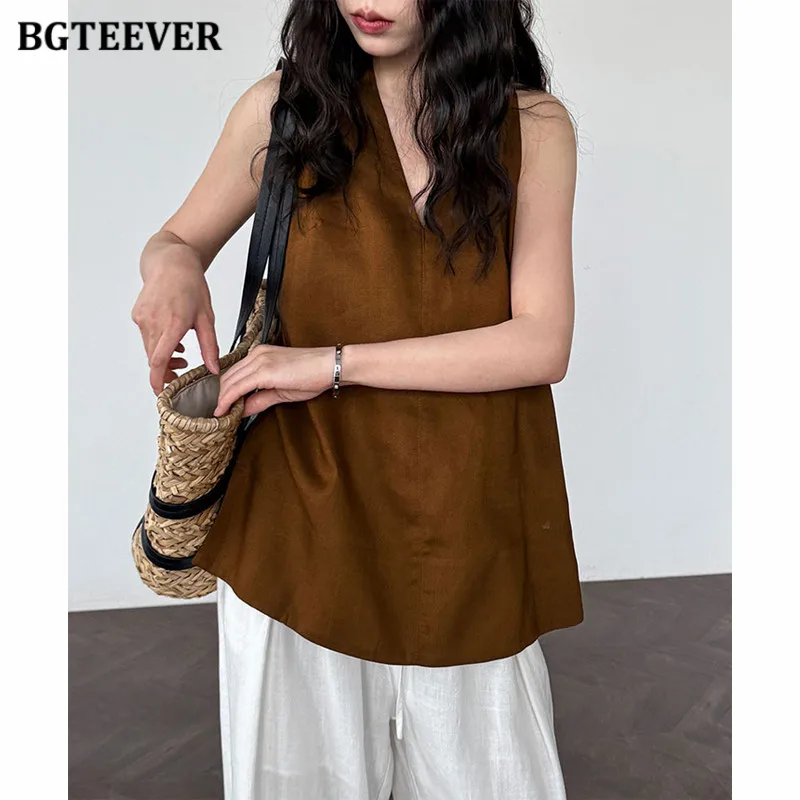

BGTEEVER Stylish V-neck Loose Female Cotton and linen Vests Summer Sleeveless Ladies Halter T-shirts