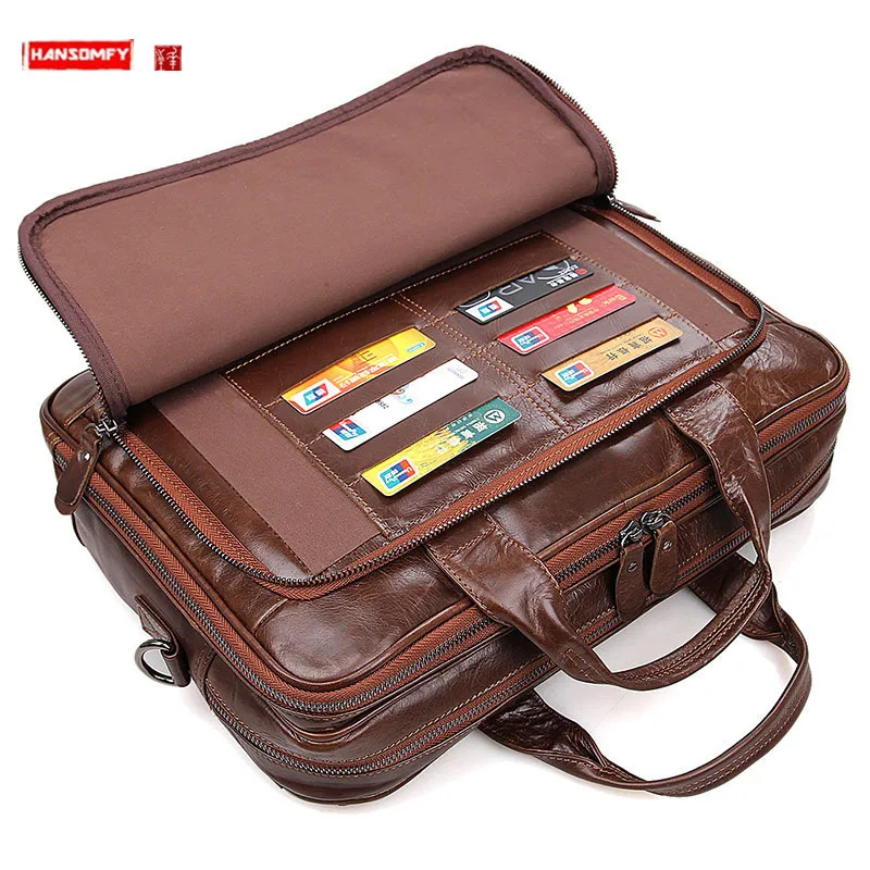 Mannen Zakelijke Officiële Handtas Dwarsdoorsnede Aktetas Reizen Schoudertassen Nieuwe Laptop Messenger Retro 100% Echt Leer 15"