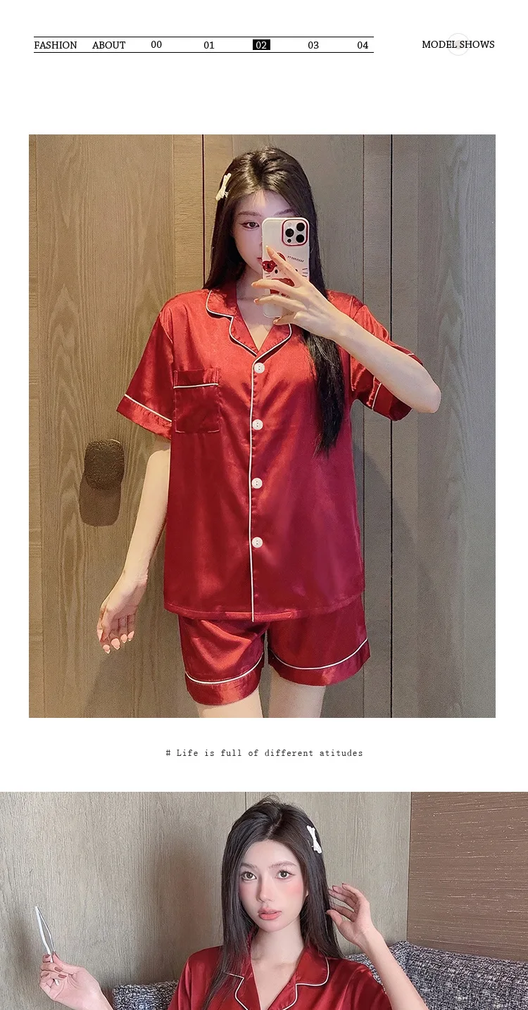 Neu eingetroffen: Damen-Pyjama-Set aus Eisseide mit kurzen Ärmeln – rot, locker sitzend, kühlend, bequeme Loungewear – Detail 5