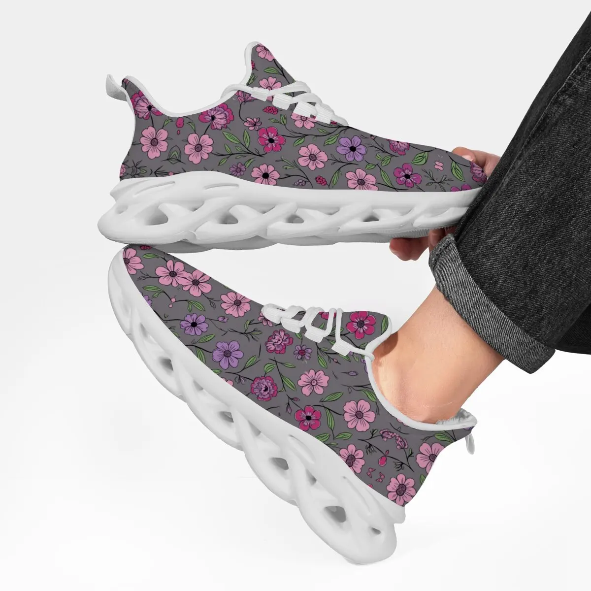 

Women's Fleece Lined Floral Sneakers with Pink Purple Flowers Outdoor Breathable Athletic Gym Men Tennis Footwear Zapatillas