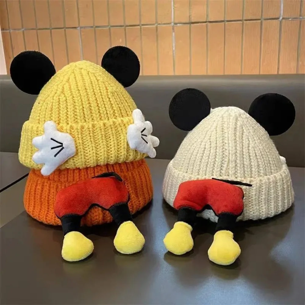 ديزني ميكي ماوس قبعة متماسكة مع آذان لطيف ميكي ماوس الهيب هوب قبعة مع تصميم الكرتون قبعة الشتاء الدافئة والرياح MINISO