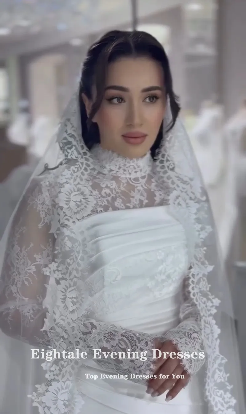 Eightale 아랍어 웨딩 드레스 높은 목 맞춤형 이슬람 인어 새틴 레이스 긴 소매 신부 가운 Vestidos De Novia