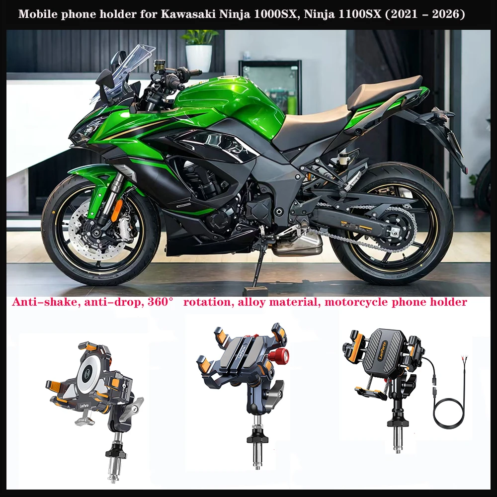 Mobile Phone Stand for Kawasaki Ninja 1000SX, 1100SX 2021–2026 Aluminum Shock-Absorbing 360° Adjustable Metal Navigation Stand