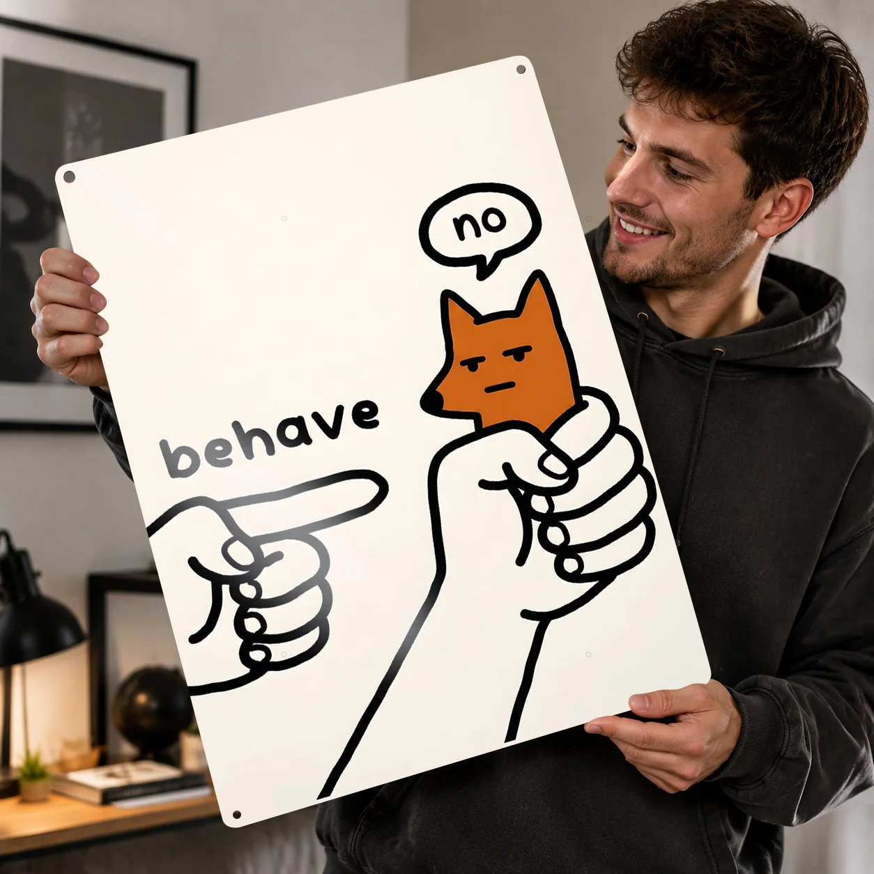 Fox Saying No to Behave 3D Texture Metal Poster Customized Wall Art Tin Sign Gift for Mancave Interior Accessories Funny Signs