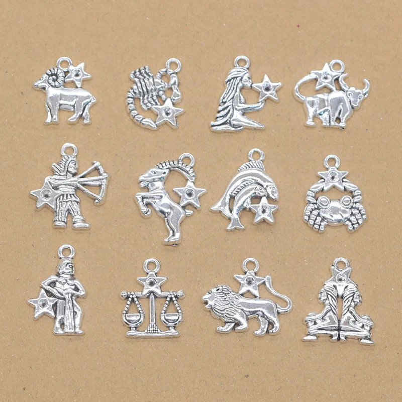 12pcs Charms Zodiac Libra Aries Pisces Gemini Taurus  Cancer Vigro Scorpio Leo Pisces Silver Color Pendants DIY Making Jewelry