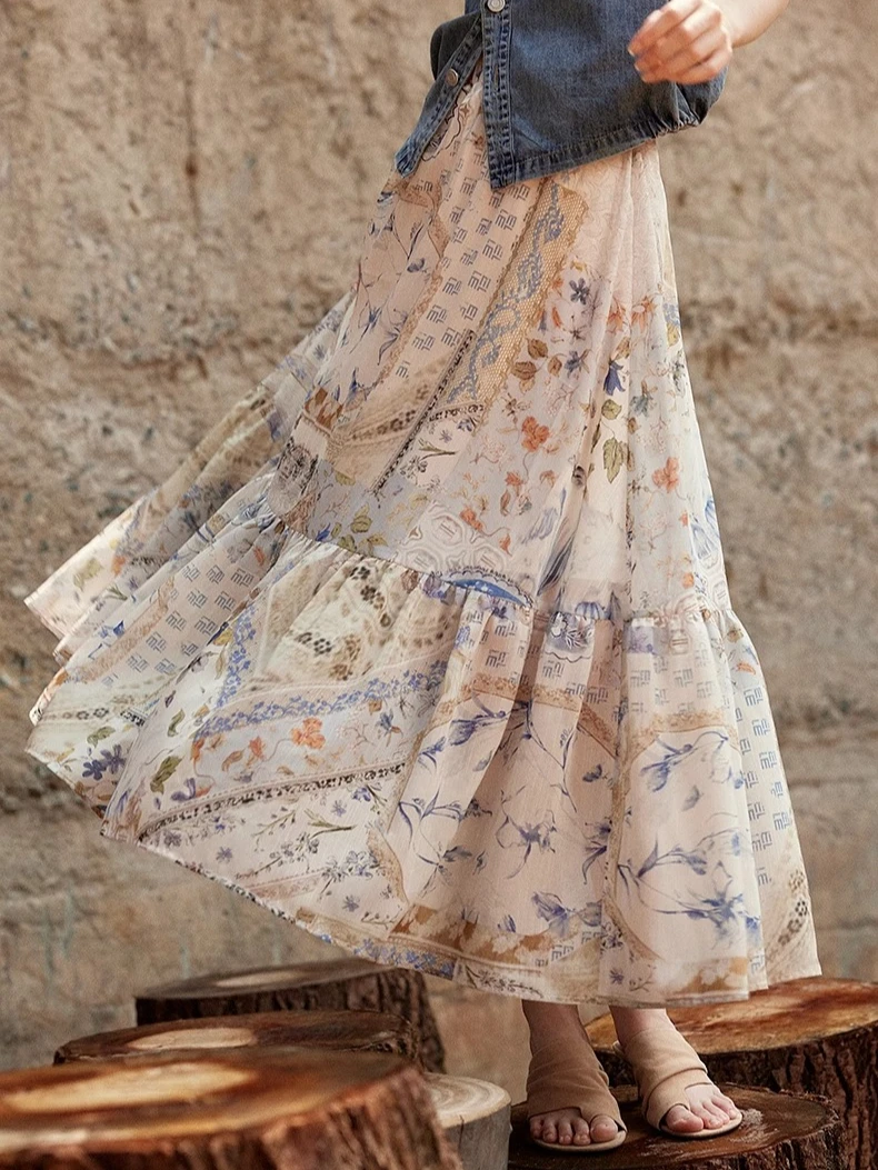 CHEERART Vintage Floral Boho Long Skirt For Woman 2025 Summer Vacation A Line Midi Skirt Holiday Bohemian Style Clothing