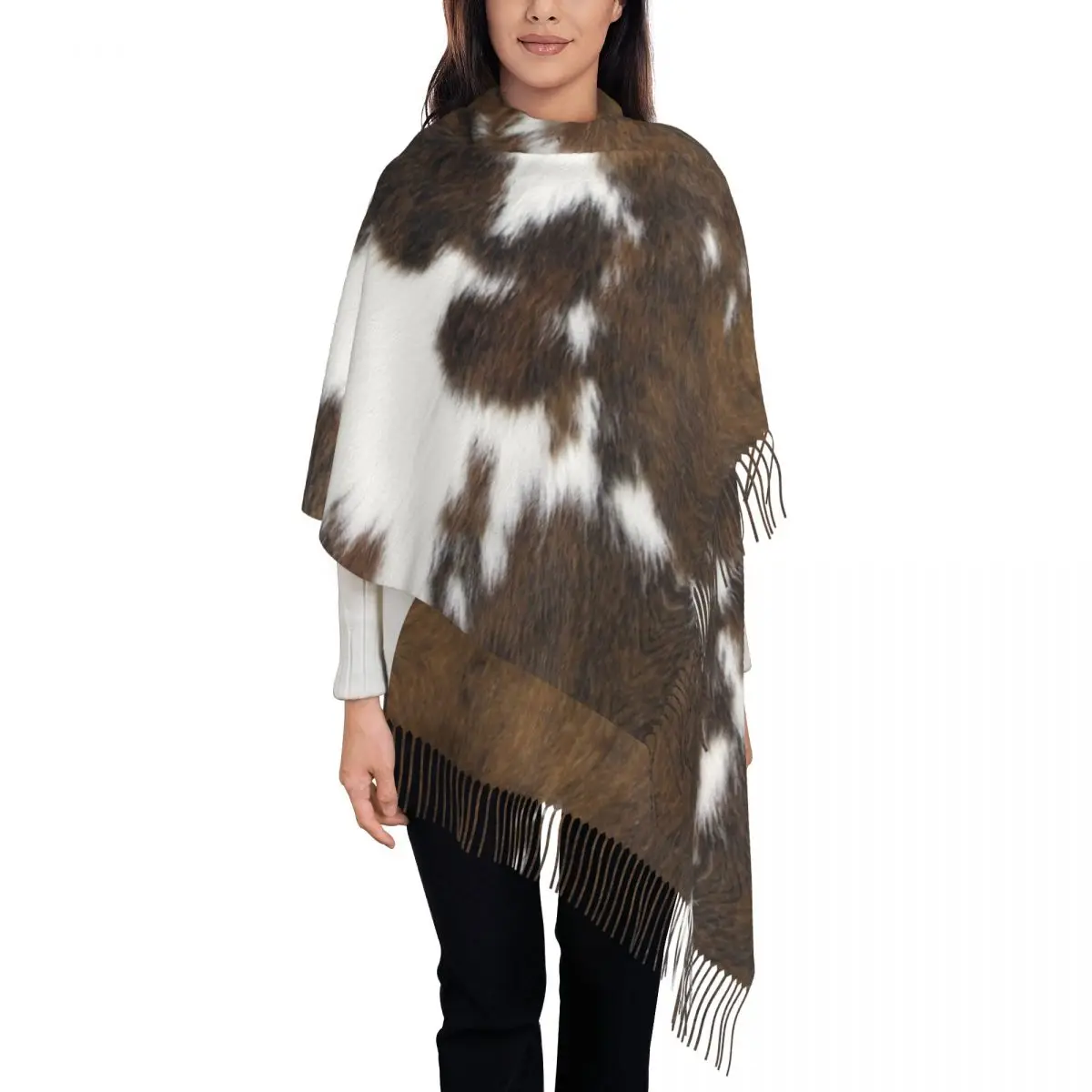 

Ladies Large Simulated Cowhide Texture Scarves Women Winter Soft Warm Tassel Shawl Wraps Scarf