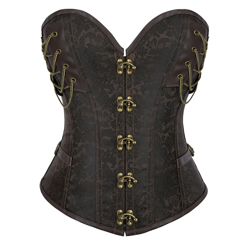 

Brown Corset with Metal Chain 12 Steel Bones Corsets Shapewear Goth Bustier Overbust Retro Steampunk Costume Female